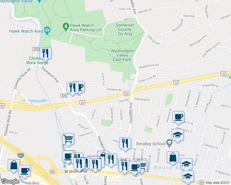 map of restaurants, bars, coffee shops, grocery stores, and more near Route 22 in Somerset County