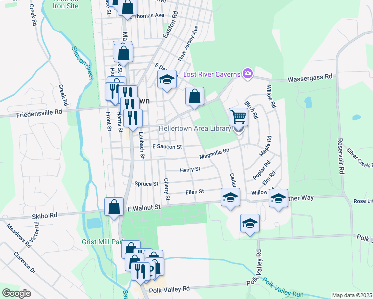 map of restaurants, bars, coffee shops, grocery stores, and more near 502 East Saucon Street in Hellertown