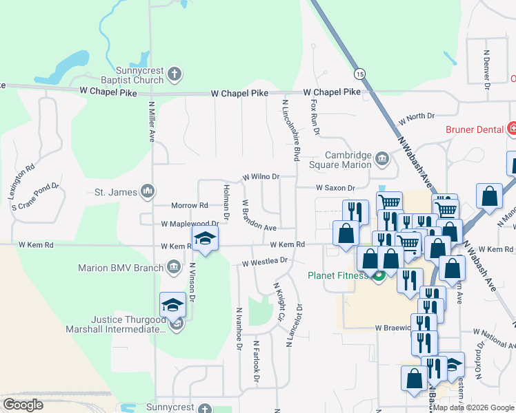 map of restaurants, bars, coffee shops, grocery stores, and more near 1102 West Riga Avenue in Marion
