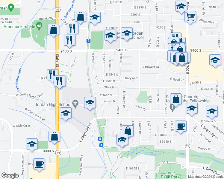 map of restaurants, bars, coffee shops, grocery stores, and more near 10328 South 260 East in Sandy
