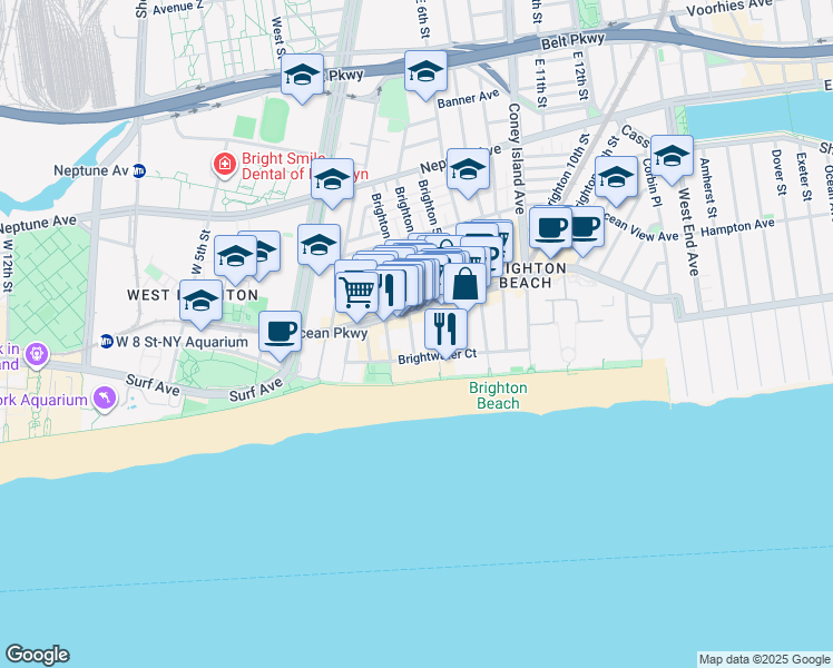 map of restaurants, bars, coffee shops, grocery stores, and more near 3105 Brighton 3rd Street in Brooklyn