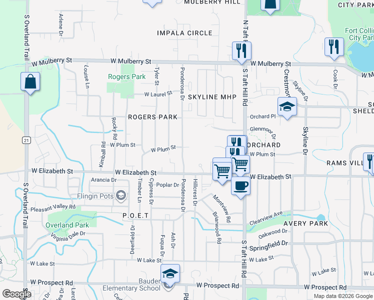 map of restaurants, bars, coffee shops, grocery stores, and more near 900 Ponderosa Drive in Fort Collins