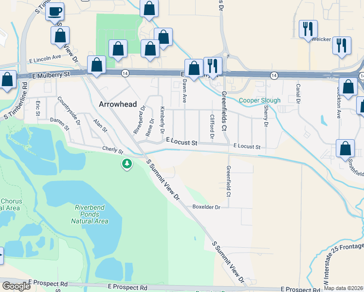 map of restaurants, bars, coffee shops, grocery stores, and more near 3115 East Locust Street in Fort Collins