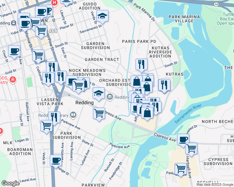 map of restaurants, bars, coffee shops, grocery stores, and more near 620 Locust Street in Redding
