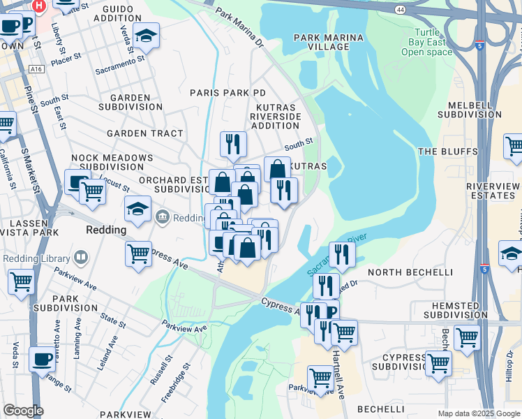 map of restaurants, bars, coffee shops, grocery stores, and more near 373 Park Marina Circle in Redding