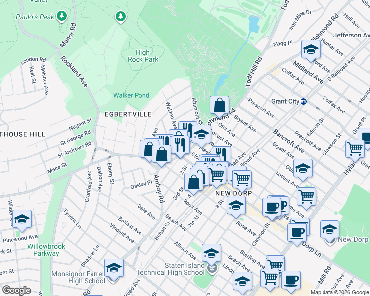 map of restaurants, bars, coffee shops, grocery stores, and more near 2425 Richmond Road in Staten Island
