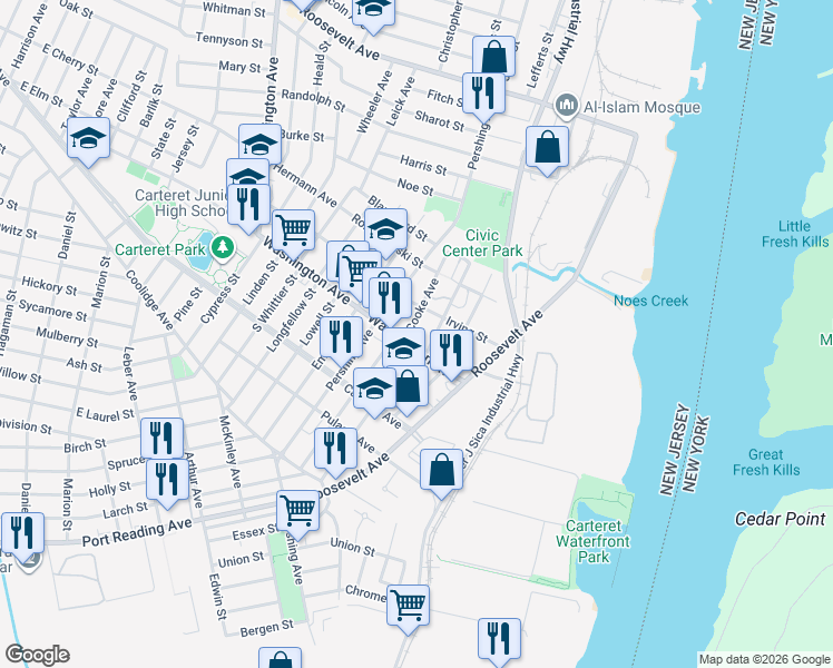 map of restaurants, bars, coffee shops, grocery stores, and more near 172 A Roosevelt Avenue in Carteret
