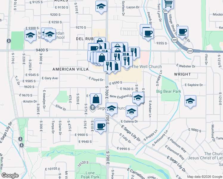 map of restaurants, bars, coffee shops, grocery stores, and more near 9641 South 700 East in Sandy