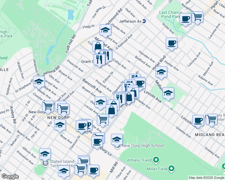 map of restaurants, bars, coffee shops, grocery stores, and more near 219 Prescott Avenue in Staten Island