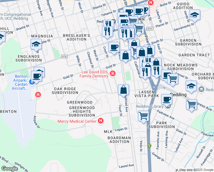map of restaurants, bars, coffee shops, grocery stores, and more near 2196 Terrace Street in Redding