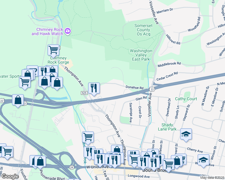 map of restaurants, bars, coffee shops, grocery stores, and more near 1621 U.S. 22 in Bound Brook