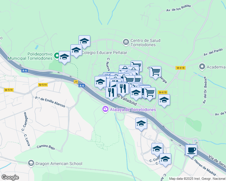 map of restaurants, bars, coffee shops, grocery stores, and more near 26 Calle las Marías in Torrelodones