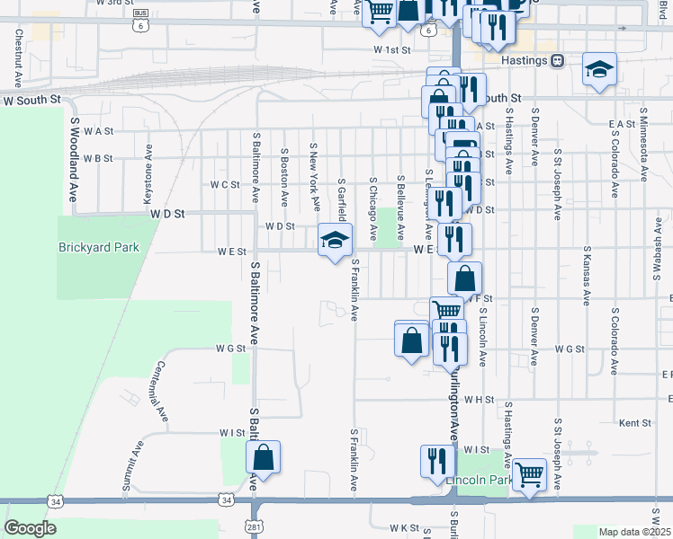 map of restaurants, bars, coffee shops, grocery stores, and more near 720 South Franklin Avenue in Hastings