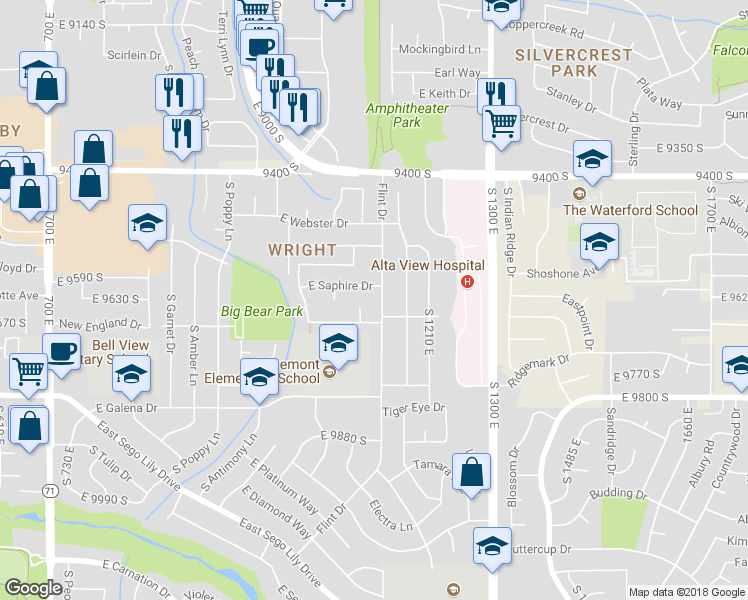 map of restaurants, bars, coffee shops, grocery stores, and more near 9626 Flint Drive in Sandy