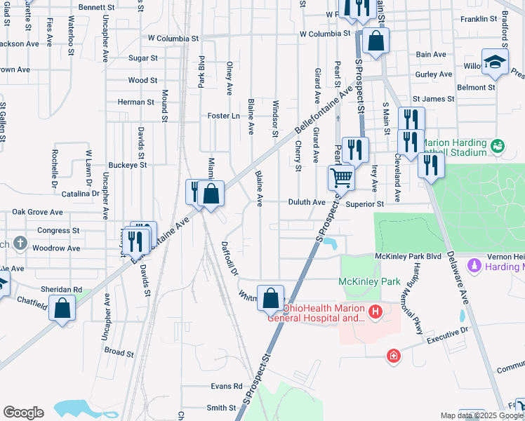 map of restaurants, bars, coffee shops, grocery stores, and more near 712 Blaine Avenue in Marion