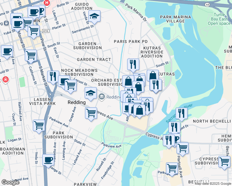 map of restaurants, bars, coffee shops, grocery stores, and more near 2329 Canal Drive in Redding