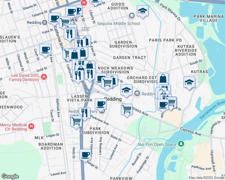 map of restaurants, bars, coffee shops, grocery stores, and more near 922 Cypress Avenue in Redding