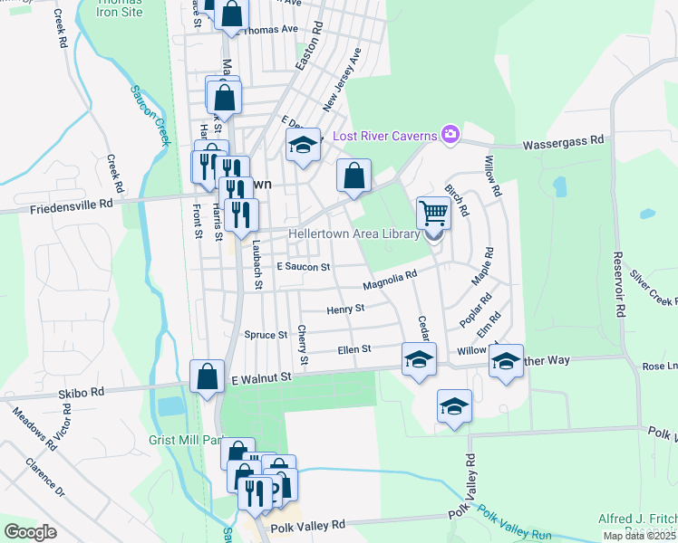 map of restaurants, bars, coffee shops, grocery stores, and more near 502 East Saucon Street in Hellertown