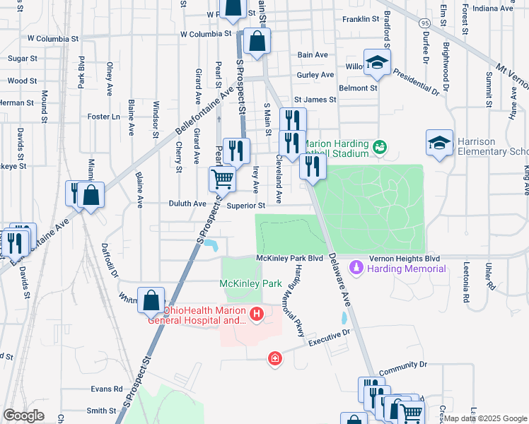 map of restaurants, bars, coffee shops, grocery stores, and more near 217 Superior St in Marion