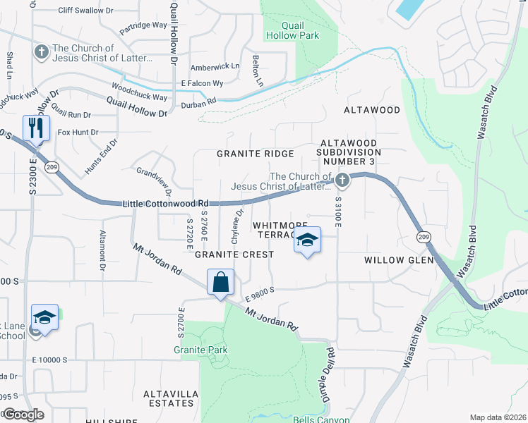 map of restaurants, bars, coffee shops, grocery stores, and more near 9632 Carriagehouse Ln in Sandy