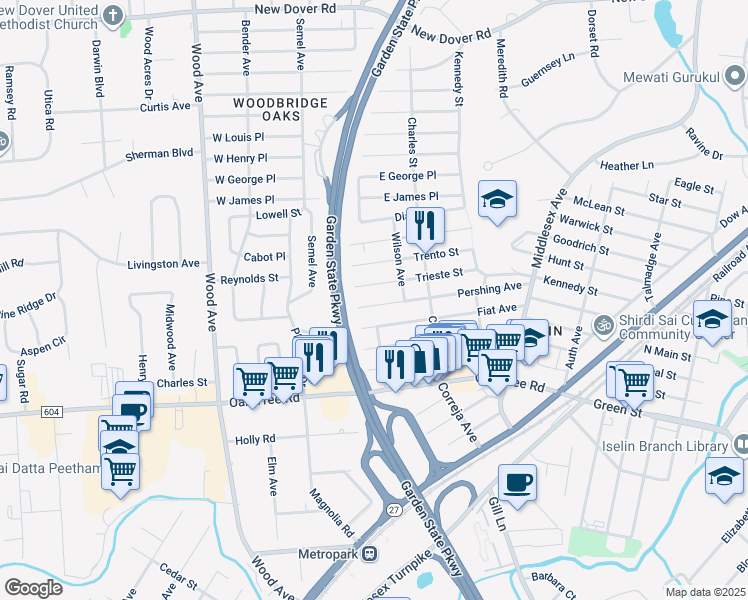 map of restaurants, bars, coffee shops, grocery stores, and more near 164 Pershing Avenue in Woodbridge Township