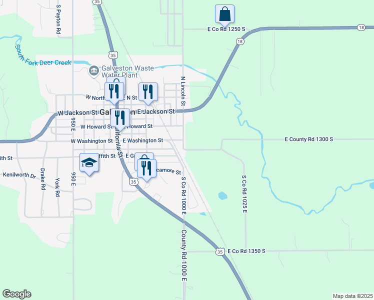 map of restaurants, bars, coffee shops, grocery stores, and more near 10000 East County Road 1325 South in Galveston