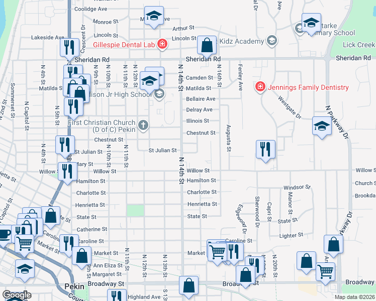 map of restaurants, bars, coffee shops, grocery stores, and more near 1405 Saint Julian Street in Pekin