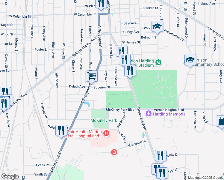 map of restaurants, bars, coffee shops, grocery stores, and more near 217 Superior Street in Marion