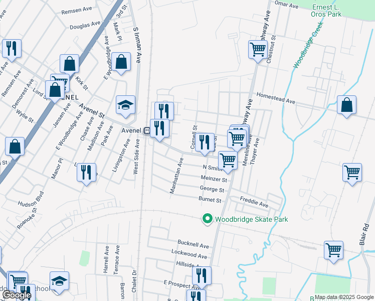 map of restaurants, bars, coffee shops, grocery stores, and more near 92 Avenel Street in Woodbridge Township