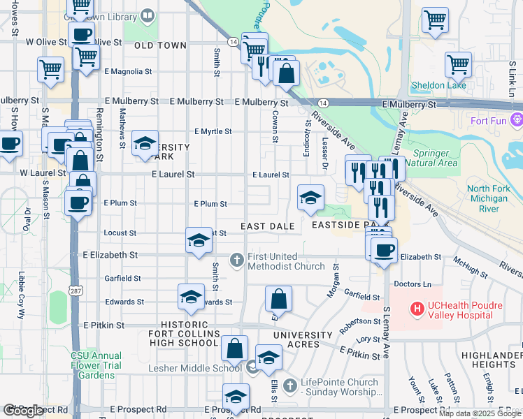 map of restaurants, bars, coffee shops, grocery stores, and more near 705 Eastdale Drive in Fort Collins