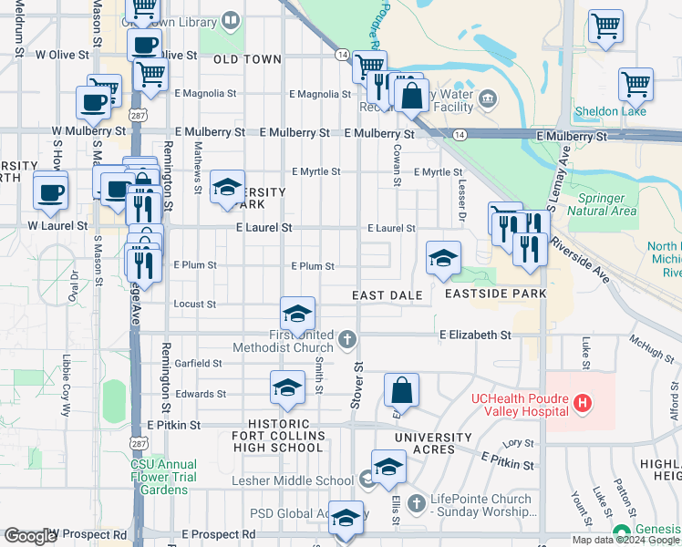 map of restaurants, bars, coffee shops, grocery stores, and more near 619 East Plum Street in Fort Collins