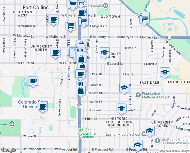 map of restaurants, bars, coffee shops, grocery stores, and more near 209 East Plum Street in Fort Collins
