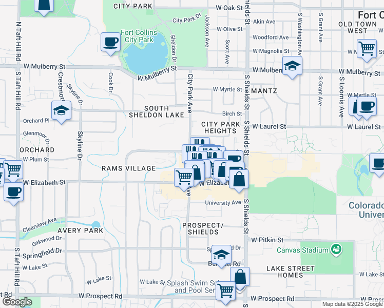map of restaurants, bars, coffee shops, grocery stores, and more near 1323 West Plum Street in Fort Collins