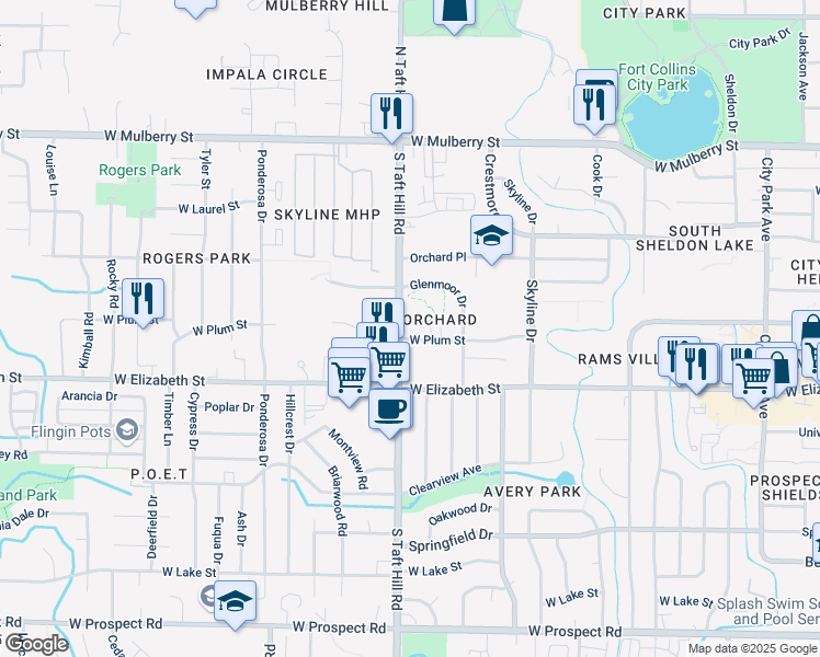 map of restaurants, bars, coffee shops, grocery stores, and more near 2020 West Plum Street in Fort Collins