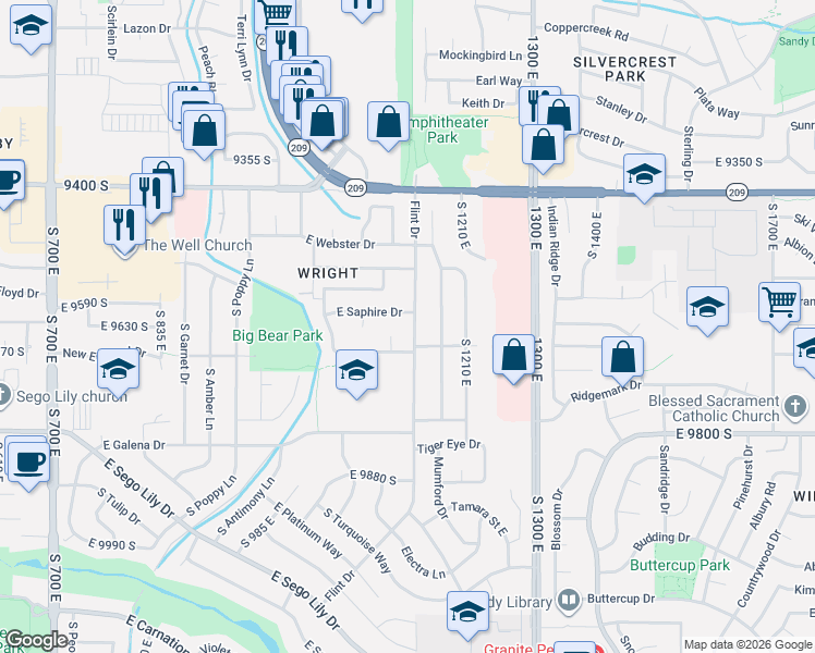 map of restaurants, bars, coffee shops, grocery stores, and more near 9626 Flint Drive in Sandy