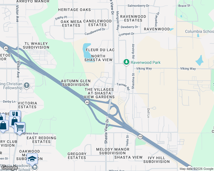 map of restaurants, bars, coffee shops, grocery stores, and more near in Redding