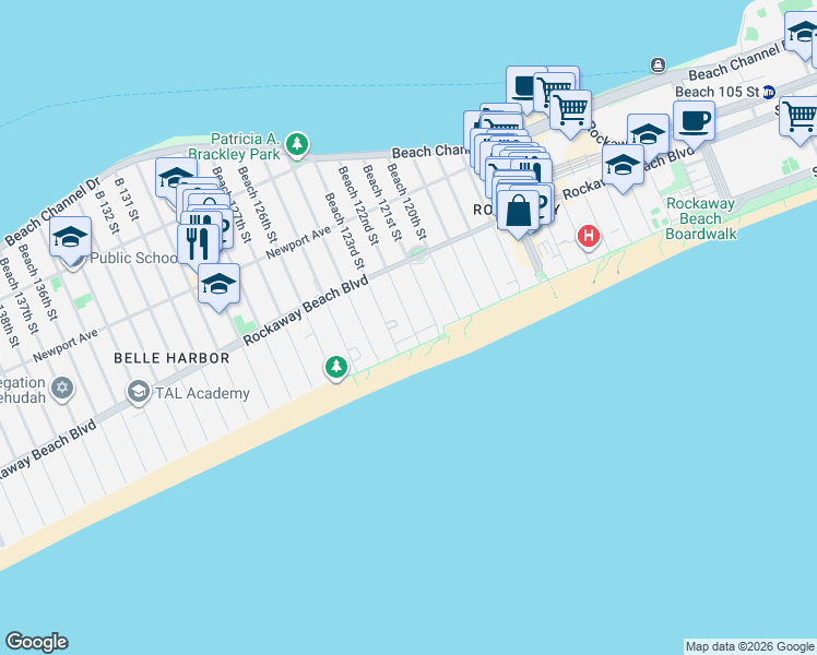 map of restaurants, bars, coffee shops, grocery stores, and more near 150 Beach 123rd Street in Queens