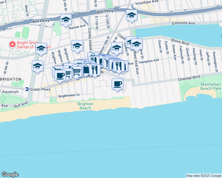 map of restaurants, bars, coffee shops, grocery stores, and more near 105 Oceana Drive West in Brooklyn