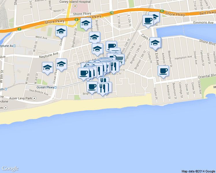 map of restaurants, bars, coffee shops, grocery stores, and more near 3110 Brighton 7th Street in Brooklyn