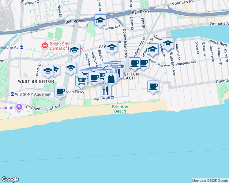 map of restaurants, bars, coffee shops, grocery stores, and more near 3099 Brighton 5th Street in Brooklyn
