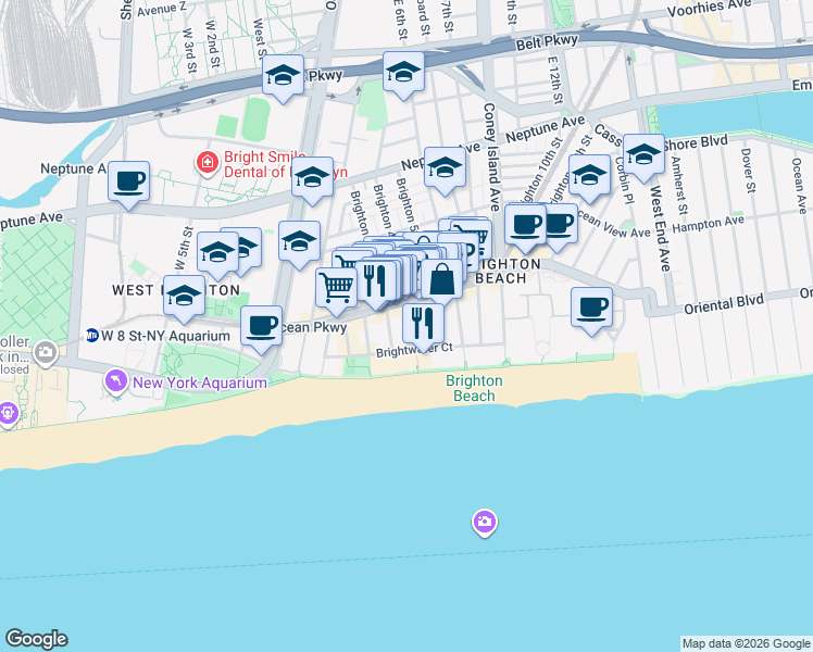 map of restaurants, bars, coffee shops, grocery stores, and more near 3110 Brighton 4th Street in Brooklyn