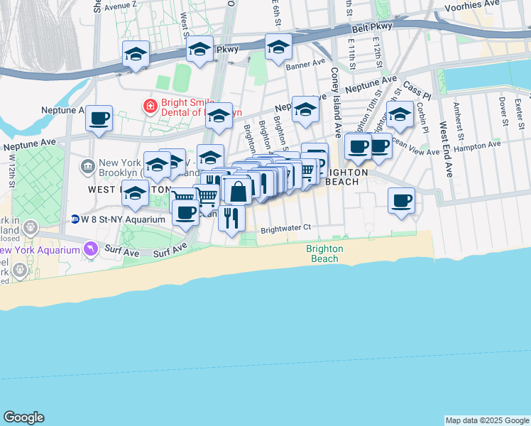 map of restaurants, bars, coffee shops, grocery stores, and more near 3089 Brighton 2nd Street in Brooklyn