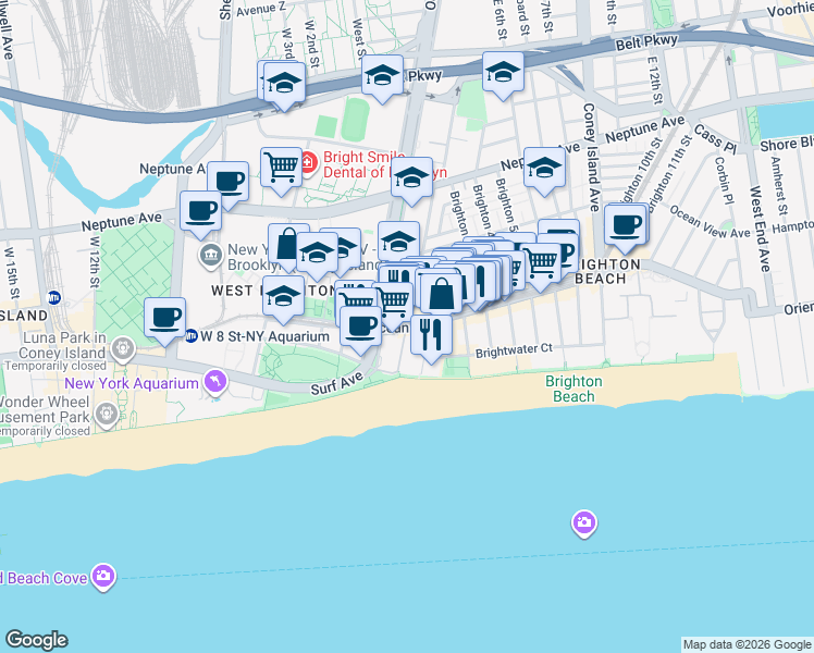 map of restaurants, bars, coffee shops, grocery stores, and more near 105 Brighton Beach Avenue in Brooklyn