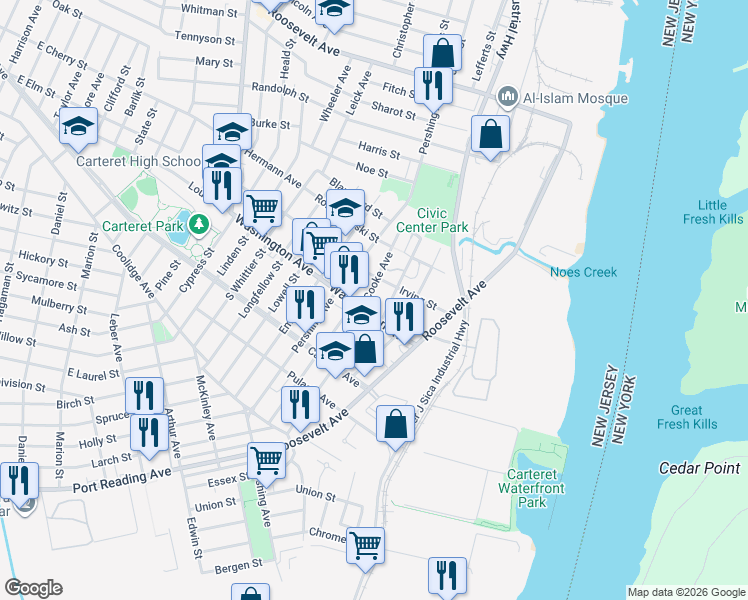 map of restaurants, bars, coffee shops, grocery stores, and more near 172 A Roosevelt Avenue in Carteret