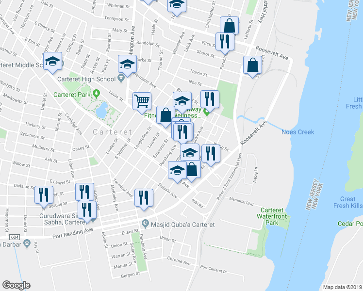 map of restaurants, bars, coffee shops, grocery stores, and more near 172 A Roosevelt Avenue in Carteret