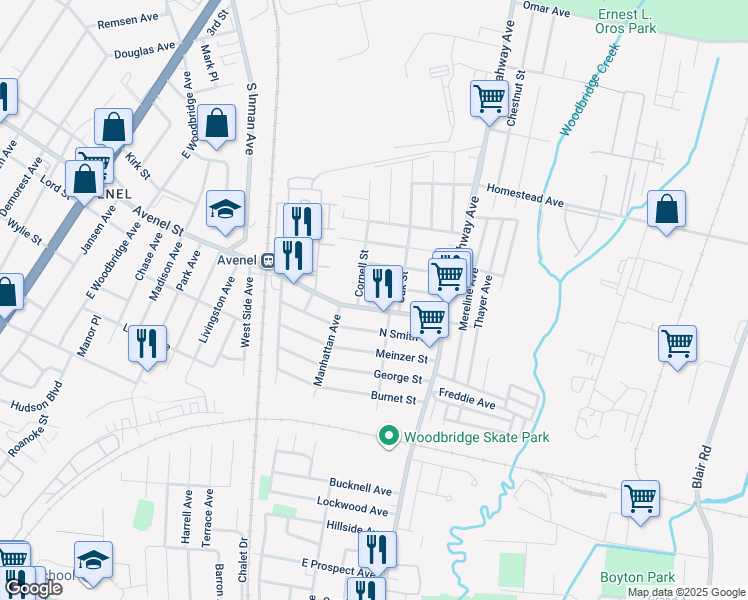 map of restaurants, bars, coffee shops, grocery stores, and more near 59 Harvard Avenue in Woodbridge Township