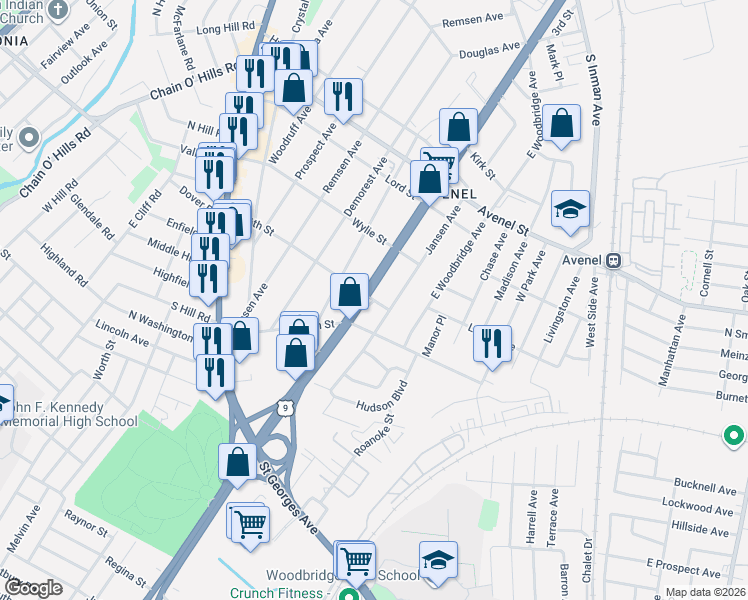 map of restaurants, bars, coffee shops, grocery stores, and more near 936 U.S. 9 in Woodbridge Township