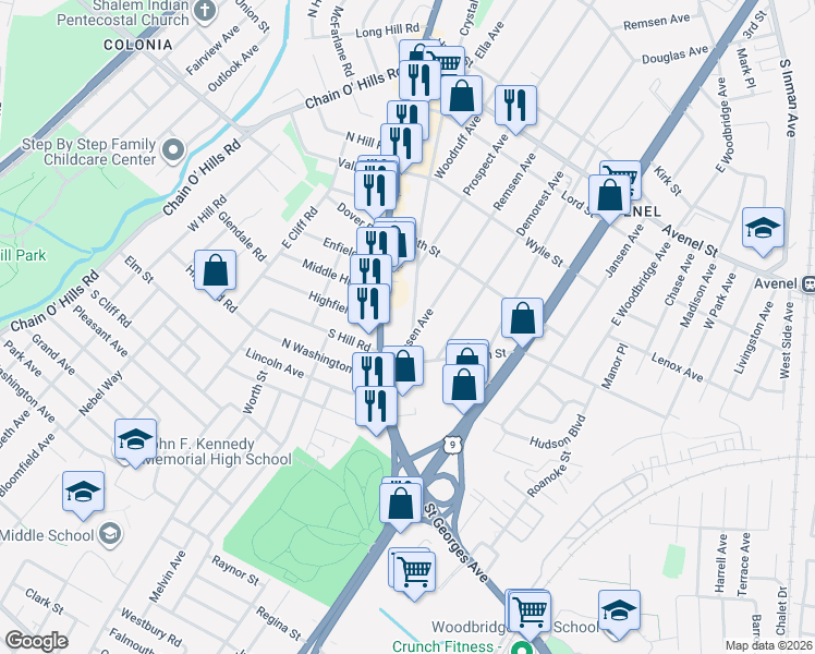 map of restaurants, bars, coffee shops, grocery stores, and more near 53 Thorpe Avenue in Woodbridge Township