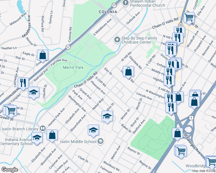 map of restaurants, bars, coffee shops, grocery stores, and more near 60 South Cliff Road in Woodbridge Township