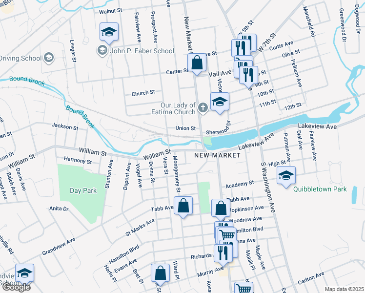 map of restaurants, bars, coffee shops, grocery stores, and more near 183 William Street in Piscataway